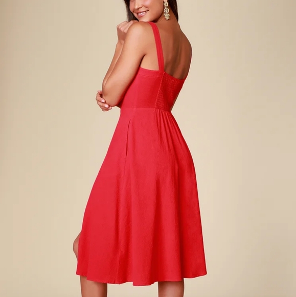 Lulu's Pippie Red Button Front Midi Dress - Picture 3 of 8